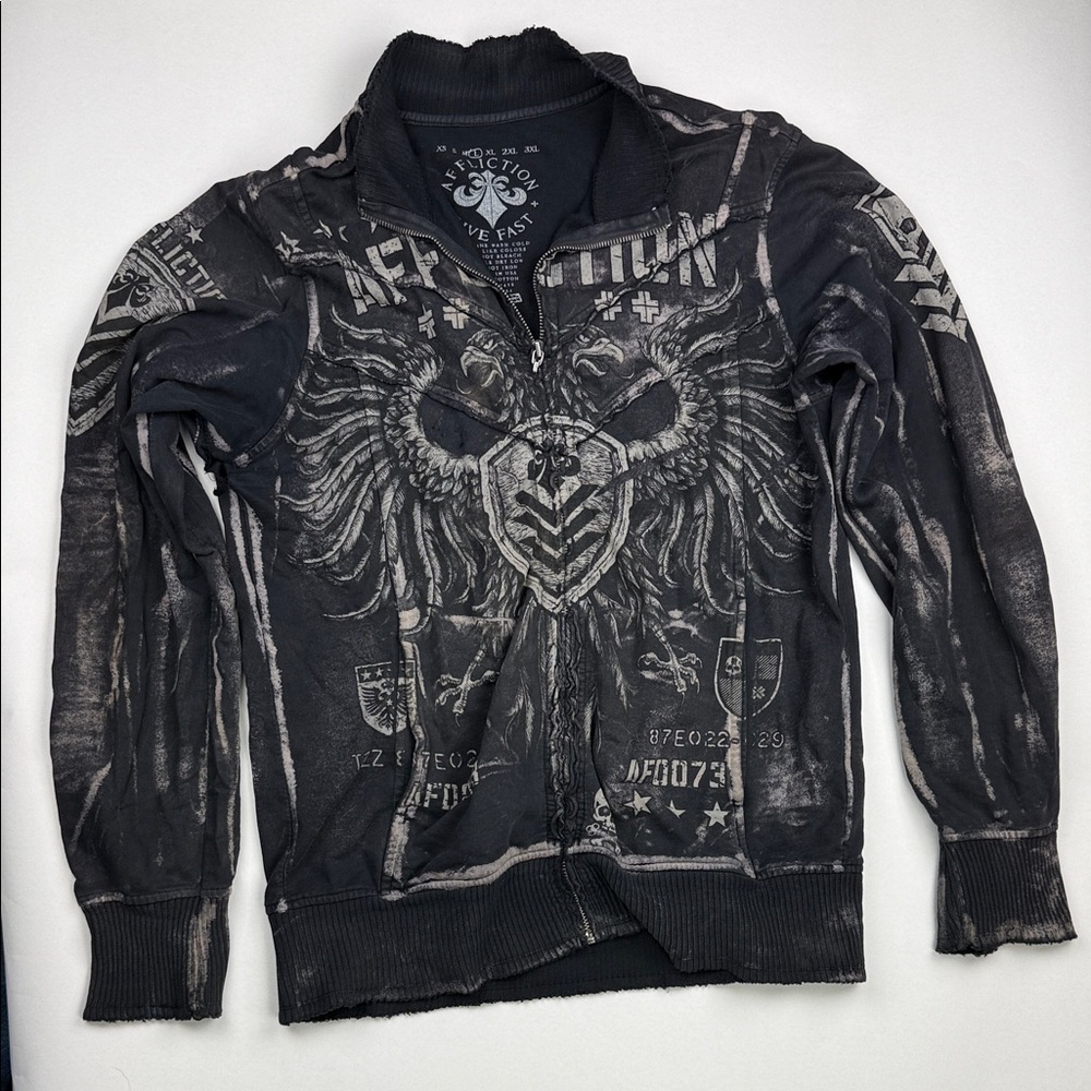 Affliction Vintage Black Live Fast Full Zip Distressed Graphic Mens L